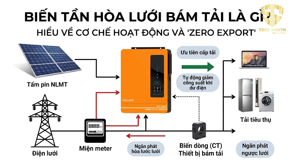 Mô hình kết nối biến tần bám tải với tấm pin và lưới điện