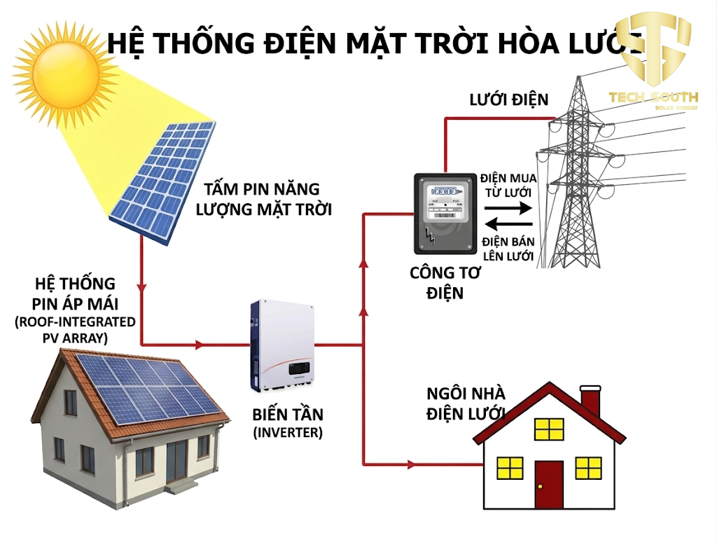 Điện mặt trời hòa lưới là hệ thống sử dụng pin năng lượng mặt trời để tạo điện và nối trực tiếp với lưới điện quốc gia.