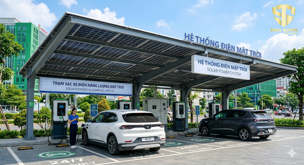 Lắp trạm sạc xe điện mặt trời giúp giảm chi phí điện và bảo vệ môi trường 